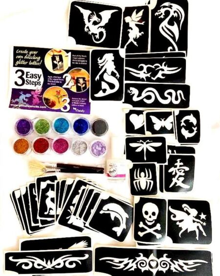 glitter tattoo kit with 60 stencils, 10 glitter, brushes, glue and instructions