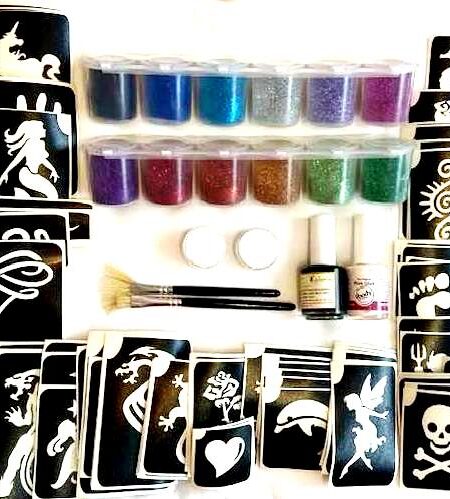 professional glitter tattoo kit with everything you need. Glitter, stencils, glue, coloriniand instructions
