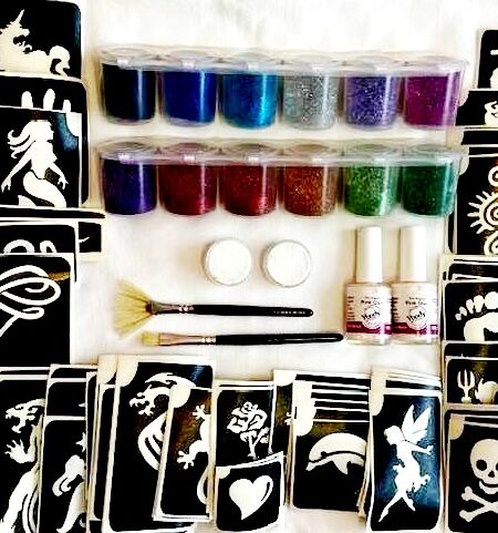 professional glitter tattoo kit with two glue, 12 glitter, brushes and instructions