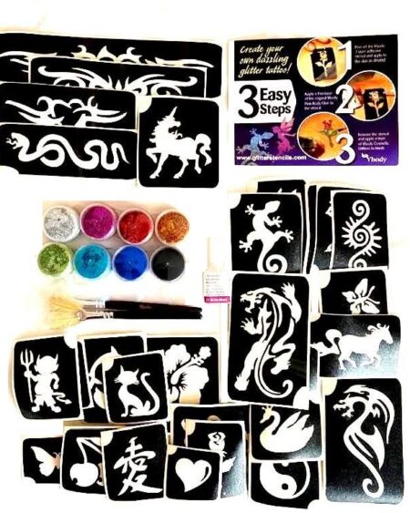 glitter tattoo kit with 30 stenciils, 8 glitter, glue, brushes and instructions